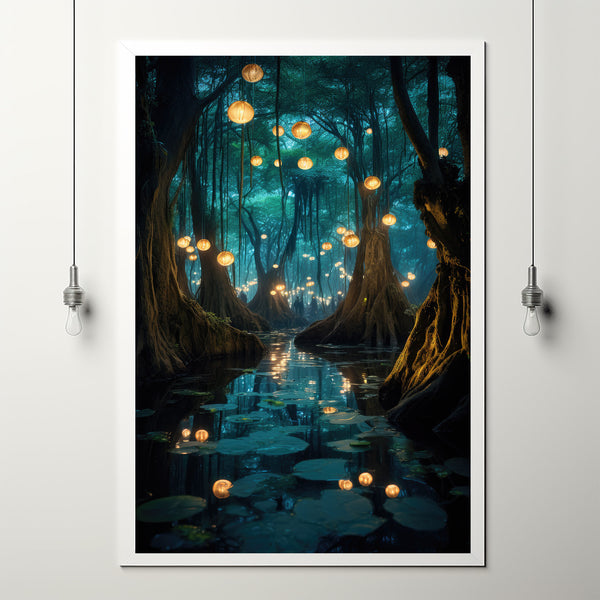 Mystical Forest Poster - Ethereal Lanterns Illuminating Enchanted Woods - Magical Floating Lights Wall Art
