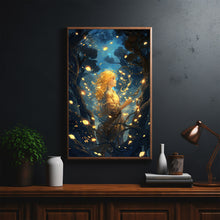 Enchanted Girl in Mystical Forest Poster - Ethereal Lanterns and Flowers Illuminating Woods - Whimsical Fairy Tale Wall Art - Gift For Her