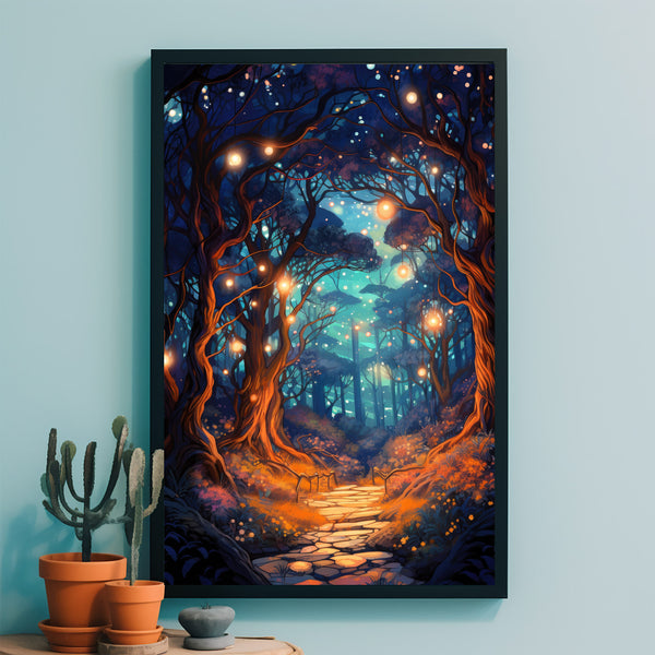 Spiritual Forest Wall Art Print - Lanterns, Trees and a River - Fantasy Painting - Living Room Wall Prints - Gift For House -Ds2
