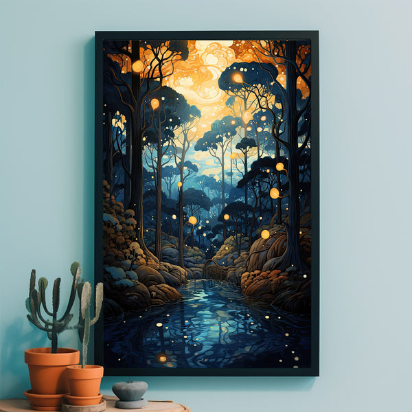 Spiritual Forest Wall Art Print - Lanterns, Trees and a River - Fantasy Painting - Living Room Wall Prints - Gift For House