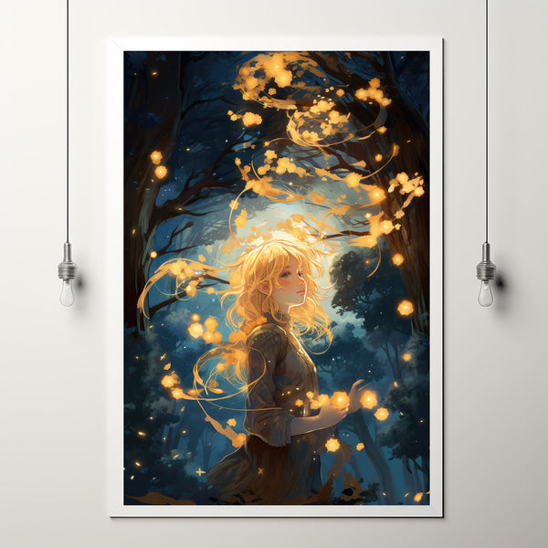 Enchanted Girl in Mystical Forest Poster - Ethereal Lanterns and Flowers Illuminating Woods - Whimsical Fairy Tale Wall Art - Gift For Her
