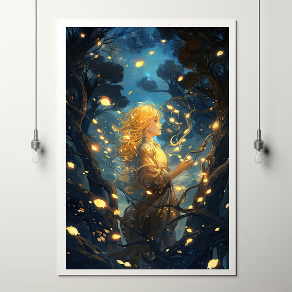 Enchanted Girl in Mystical Forest Poster - Ethereal Lanterns and Flowers Illuminating Woods - Whimsical Fairy Tale Wall Art - Gift For Her