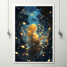 Enchanted Girl in Mystical Forest Poster - Ethereal Lanterns and Flowers Illuminating Woods - Whimsical Fairy Tale Wall Art - Gift For Her