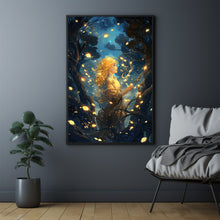 Enchanted Girl in Mystical Forest Poster - Ethereal Lanterns and Flowers Illuminating Woods - Whimsical Fairy Tale Wall Art - Gift For Her