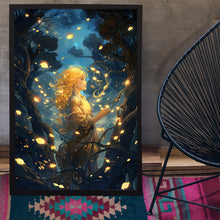 Enchanted Girl in Mystical Forest Poster - Ethereal Lanterns and Flowers Illuminating Woods - Whimsical Fairy Tale Wall Art - Gift For Her