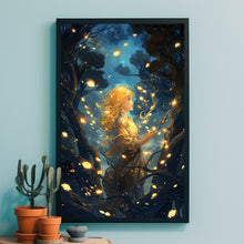 Enchanted Girl in Mystical Forest Poster - Ethereal Lanterns and Flowers Illuminating Woods - Whimsical Fairy Tale Wall Art - Gift For Her