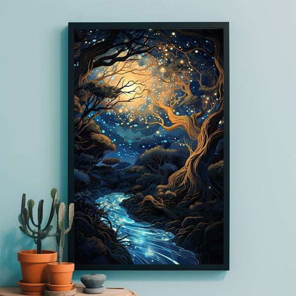 Spiritual Forest Canvas Print - Enchanted Lanterns Glow & Trees by the River - Serene Fantasy Artwork - Peaceful Living Room Decor - Mystical Gift Idea