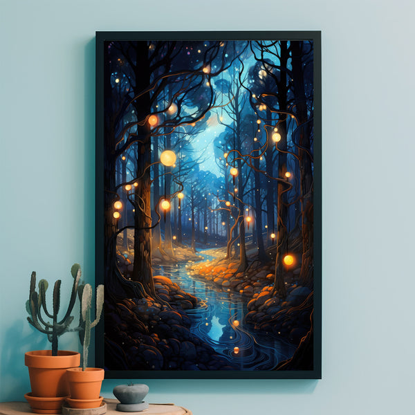 Spiritual Forest Wall Art Print - Lanterns, Trees and a River - Fantasy Painting - Living Room Wall Prints