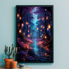 Spiritual Forest Wall Art Print - Enchanted Lanterns Glow & Whispering Trees by the River - Mystical Fantasy Landscape Painting - Serene Living Room Ambiance - Perfect Gift for Dreamers