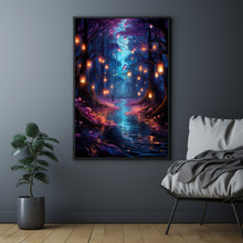 Spiritual Forest Wall Art Print - Enchanted Lanterns Glow & Whispering Trees by the River - Mystical Fantasy Landscape Painting - Serene Living Room Ambiance - Perfect Gift for Dreamers