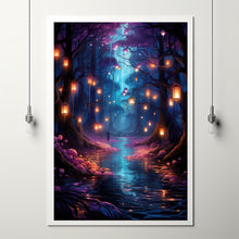 Spiritual Forest Wall Art Print - Enchanted Lanterns Glow & Whispering Trees by the River - Mystical Fantasy Landscape Painting - Serene Living Room Ambiance - Perfect Gift for Dreamers