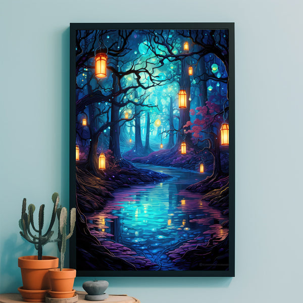 Spiritual Forest Wall Art Print - Enchanted Lanterns Glow & Whispering Trees by the River - Mystical Fantasy Landscape Painting - Serene Living Room Ambiance - Perfect Gift for Dreamers