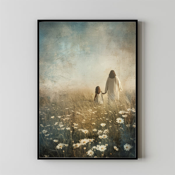 Life With Him, Jesus Christ and Little Girl Walking Throungh field of daise poster , Jesus Carrying Girl, Christian Wall Art, Bible Art, Faithful Art, Jesus Painting 1