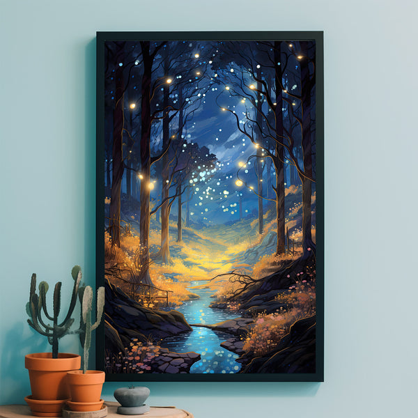 Spiritual Forest Wall Art Print - Lanterns, Trees and a River - Fantasy Painting - Living Room Wall Prints