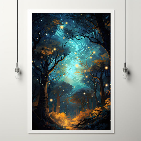 Spiritual Forest Wall Art Print - Lanterns, Trees and a River - Fantasy Painting - Living Room Wall Prints