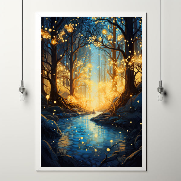 Spiritual Forest Wall Art Print - Lanterns, Trees and a River - Fantasy Painting - Living Room Wall Prints