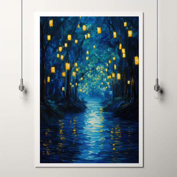 Enchanted Forest River with Lanterns Poster - Mystical Oil Painting Style Art Print for Captivating Home Decor