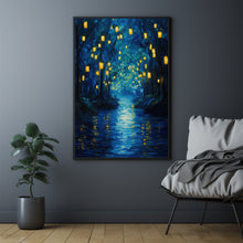 Enchanted Forest River with Lanterns Poster - Mystical Oil Painting Style Art Print for Captivating Home Decor