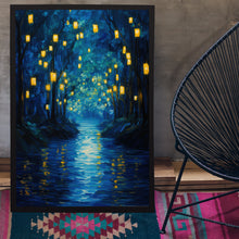 Enchanted Forest River with Lanterns Poster - Mystical Oil Painting Style Art Print for Captivating Home Decor