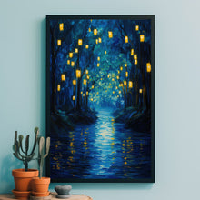 Enchanted Forest River with Lanterns Poster - Mystical Oil Painting Style Art Print for Captivating Home Decor