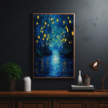 Enchanted Forest River with Lanterns Poster - Mystical Oil Painting Style Art Print for Captivating Home Decor