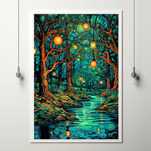 Enchanted Forest River with Lanterns Poster - Mystical Oil Painting Style Art Print for Captivating Home Decor