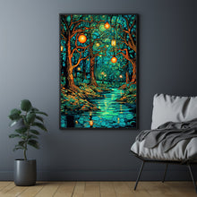 Enchanted Forest River with Lanterns Poster - Mystical Oil Painting Style Art Print for Captivating Home Decor