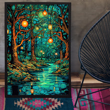 Enchanted Forest River with Lanterns Poster - Mystical Oil Painting Style Art Print for Captivating Home Decor