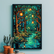 Enchanted Forest River with Lanterns Poster - Mystical Oil Painting Style Art Print for Captivating Home Decor