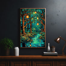 Enchanted Forest River with Lanterns Poster - Mystical Oil Painting Style Art Print for Captivating Home Decor