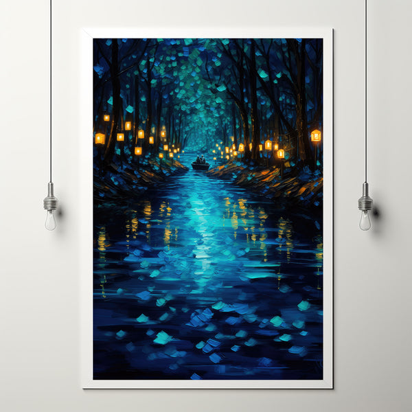 Enchanted Forest River with Lanterns Poster - Mystical Oil Painting Style Art Print for Captivating Home Decor