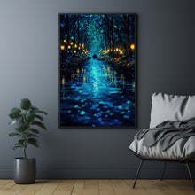 Enchanted Forest River with Lanterns Poster - Mystical Oil Painting Style Art Print for Captivating Home Decor