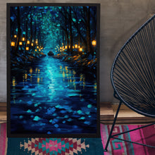 Enchanted Forest River with Lanterns Poster - Mystical Oil Painting Style Art Print for Captivating Home Decor