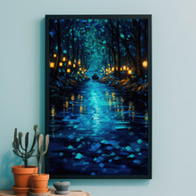 Enchanted Forest River with Lanterns Poster - Mystical Oil Painting Style Art Print for Captivating Home Decor