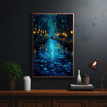 Enchanted Forest River with Lanterns Poster - Mystical Oil Painting Style Art Print for Captivating Home Decor