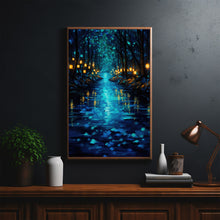 Enchanted Forest Lights and Lanterns by the River Poster - Mystical Landscape Art Print for Tranquil Home Decor