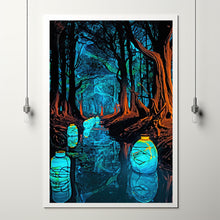 Enchanted Forest Lights and Lanterns by the River Poster - Mystical Landscape Art Print for Tranquil Home Decor