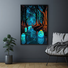 Enchanted Forest Lights and Lanterns by the River Poster - Mystical Landscape Art Print for Tranquil Home Decor