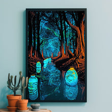 Enchanted Forest Lights and Lanterns by the River Poster - Mystical Landscape Art Print for Tranquil Home Decor