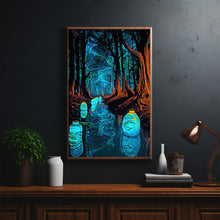 Enchanted Forest Lights and Lanterns by the River Poster - Mystical Landscape Art Print for Tranquil Home Decor