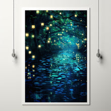 Enchanted Forest Lights and Lanterns by the River Poster - Mystical Landscape Art Print for Tranquil Home Decor