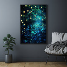 Enchanted Forest Lights and Lanterns by the River Poster - Mystical Landscape Art Print for Tranquil Home Decor