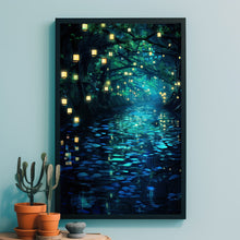 Enchanted Forest Lights and Lanterns by the River Poster - Mystical Landscape Art Print for Tranquil Home Decor