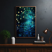 Enchanted Forest Lights and Lanterns by the River Poster - Mystical Landscape Art Print for Tranquil Home Decor