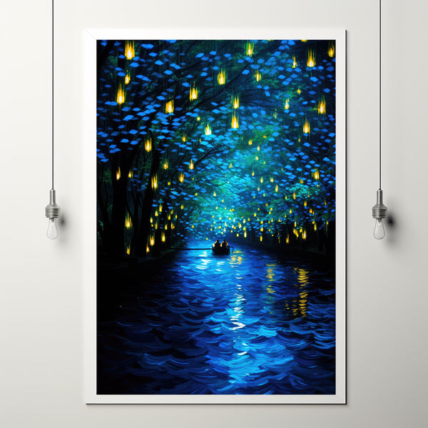 nchanted Forest and Lantern-Lit River with Boat Poster - Captivating Landscape Art Print for Magical Home Decor