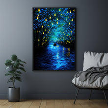 nchanted Forest and Lantern-Lit River with Boat Poster - Captivating Landscape Art Print for Magical Home Decor