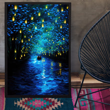 nchanted Forest and Lantern-Lit River with Boat Poster - Captivating Landscape Art Print for Magical Home Decor