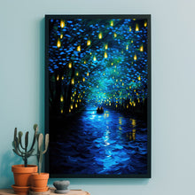 nchanted Forest and Lantern-Lit River with Boat Poster - Captivating Landscape Art Print for Magical Home Decor