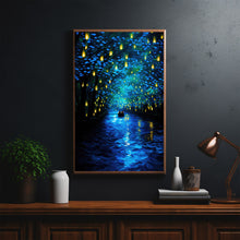 nchanted Forest and Lantern-Lit River with Boat Poster - Captivating Landscape Art Print for Magical Home Decor