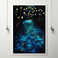 Enchanted Forest Lights and Lanterns by the River Poster - Mystical Landscape Art Print for Tranquil Home Decor